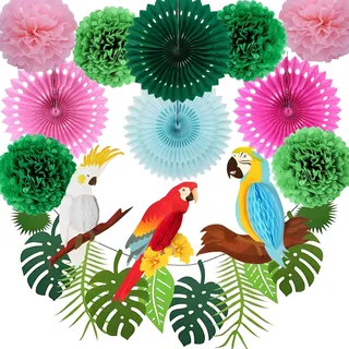 Fzyisw 23 Stück Dschungel Deko Geburtstag Hawaii Party Gartenparty Deko Papagei Deko Vogel Sommer Deko Blätter Girlande Pompons Deko und Papierfächer für Dschungel Deko, Sommerdeko, Hawaii Deko