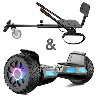 SISIGAD Hoverboard mit Sitzbefestigung, 8.5Zoll Self Balancing Scooters Go Kart mit Bluetooth und LED Lichtern, Gun+Black