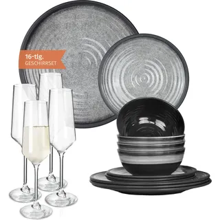 Melamin Camping Geschirr Set 4 Personen Stone Grey + 4 Milano Champgner Gläser Flûtes Tafelgeschirr Picknick BBQ Kochgeschirr