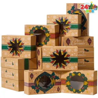 JOYIN 24 vereitelte Kraft Weihnachtsplätzchen-Boxen mit Fenster 8,5 "x 5,75" x 2,75", Treat-Boxen mit 3 Designs für Gebäck, Cupcakes, Brownies, Geschenke, Donut und Cookie, braun Kraft Bäckerei-Boxen