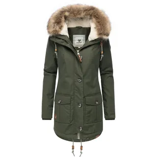 Winterjacke RAGWEAR "Wintermantel Jane YOUMODO", Damen, Gr. XS, grün (schwarz olive), Obermaterial: 65% Polyester PES. 35% Baumwolle CO.  Obermaterial: Futter: 100% Polyester PES. 100% Polyester PES., Jacken Winterjacke