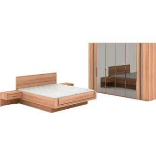 Musterring Schlafzimmer-Set »Sorrent, Kleiderschrank, Bett & Nachtkommoden, teilmassiv Eiche« 2er-Set Nachtschränke, Drehtürenschrank 300 cm, Bett 180x200 cm, Bett schwebende Optik, Eiche teilmassiv, Spiegeltüren in Parsol-Bronze, braun