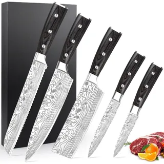 Cutiore Messerset Küchenmesser-Set 5-teilig mit Kochmesser, Brotmesser, Nakiri Messer, Allzweckmesser und Schälmesser, aus Hochkohlenstoff Edelstahl mit Ergonomischer Holzgriff und Wetzstahl
