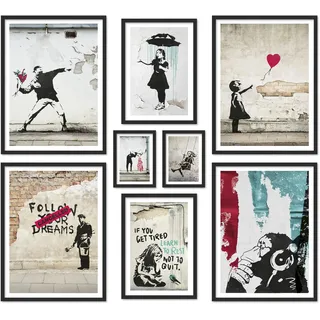 ARTFAVES® Poster Set - BANKSY STREET ART - mehrteilige Wanddeko Wohnzimmer - 8 moderne Wandbilder Collage, Girl Balloon, Flower Thrower, Umbrella - mit Rahmen Schwarz