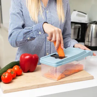 Multifunktionaler Gemüseschneider 6-in-1 - Küchenhobel & Zerkleinerer mit Auffangbehälter - Gemüse- und Obstschneider mit Schälmesser [BW1003]. - Blau