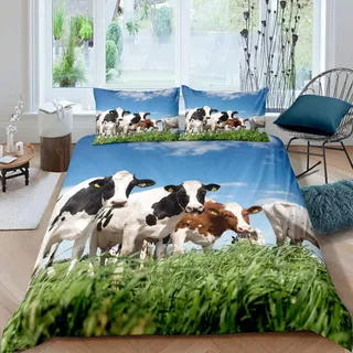 Sunnybed Kuh Print Bettbezug Set 135x200 für Kid Teen,Animal Kuh Pattern Bettwäsche Set 3D Farm Animals Dekoratives 2 Stücke Bettwäsche Set mit 1 Kissenbezug,Schwarz Weiß Braun Blau