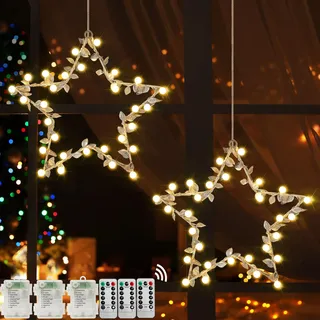 Therlan LED Fensterdeko Weihnachten Beleuchtet, 2 Stück Batteriebetrieben Weihnachtsstern Weihnachtsdeko Lichter mit Timer, 8 Lichtmodi Speicherfunktion Stern Weihnachtsbeleuchtung Fenster Warmweißen