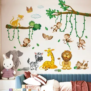 Wandtattoo Dschungel Tiere Wandaufkleber, 2 Stück Baum Reben Wandaufkleber, Elefant Giraffe Löwe Affe Zebra Eule Wandsticker für Jungen Mädchen Babyzimmer Schlafzimmer Wanddeko (30x90 cm)