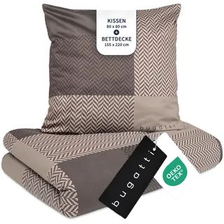 bugatti Bettwäsche 155x220 cm 100% Baumwolle - 2-teilig, Karomuster braun | 2in1 Kombibettwäsche Satin-Flanell - Bettwäsche Set inkl. 80x80 cm Kissenbezug, warm & waschbar mit Reißverschluss, Bettbezug