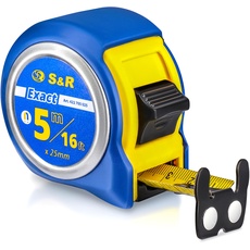 S&R Bandmaß 5 m METRISCH und ZOLL 5m / 16 ft, Band 25 mm, Rollmeter mit vernieteter MAGNET-Haken Maßband Nylon beschichtet, schlagfestes Rollmeter Gehäuse