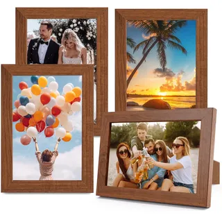 HJYIMYI 4 Stück Bilderrahmen 10x15 cm für Fotos Bilder Kunstwerke | Umweltfreundlich Holzbilderrahmen Bilderrahmen Klein mit Scheiben aus Acrylglas, Rustikaler Braun Holz-Fotorahmen Collage