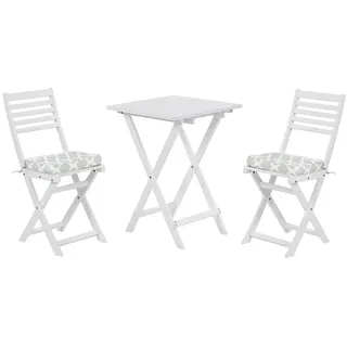 Beliani Balkonset Weiß Akazienholz 2 Stühle 1 Teetisch 2 Auflagen mintgrünes Muster Fiji (60 cm)