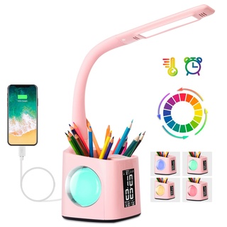 Wanjiaone Schreibtischlampe Kinder LED,Tischlampe Dimmbar mit Uhr, Nachttischlampe Tischleuchte mit 256 RGB Nachtlicht/Stifthalter/USB-Anschluss/3 Helligkeitsstufen/Wecker/für Studium, Büro