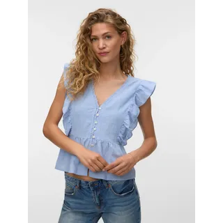 Rüschenbluse VERO MODA "VMVIDO SL TAPE TOP WVN", Damen, Gr. S, blau (brunnera blau), Web, Obermaterial: 90% Baumwolle, 10% Leinen, unifarben, normal, V-Ausschnitt, Blusen Rüschenbluse, Baumwollmischung