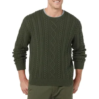 Amazon Essentials Herren Pullover mit Langen Ärmeln und Rundhalsausschnitt aus 100% Baumwolle mit Zopfmuster, Dunkles Olivgrün, L