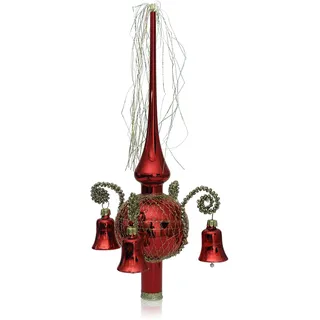 Lauschaer Glas Weihnachtsbaumspitze mit Glöckchen rot Glanz, umsponnen L ca. 28cm d(Kugel) 7cm Christbaumschmuckspitze mundgeblasen,handdekoriert,Leonischer Draht