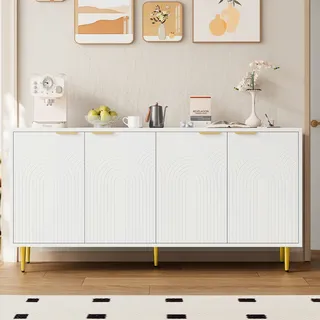 Flieks Sideboard Kommode mit 4 Türen, 160x40x80 cm, Holzkommode mit golden Metallbeine, Anrichte für Küche Wohnzimmer, weiß - Weiß