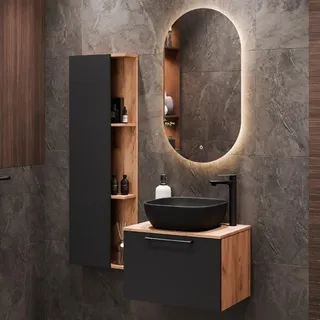 Planetmöbel Waschtischunterschrank Astra 60 cm gold eiche / anthrazit mit Aufsatzwaschbecken schwarz und Seitenschrank gold eiche / anthrazit