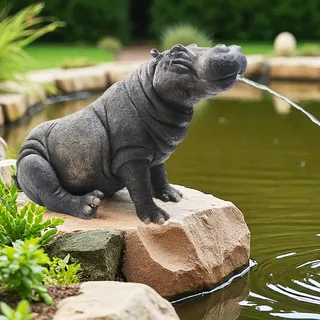 Solar Wasserspeier Nilpferd 34 cm detailreich Teichfigur Teichdeko Gartenfigur Gartendeko Springbrunnen Solarbrunnen Brunnen - Braun