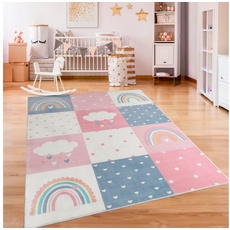 Bild von Kinderteppich »Eliz 396«, rechteckig, Spielteppich, Patchwork-Muster, Motiv Regenbogen, Wolke, Herz, pink
