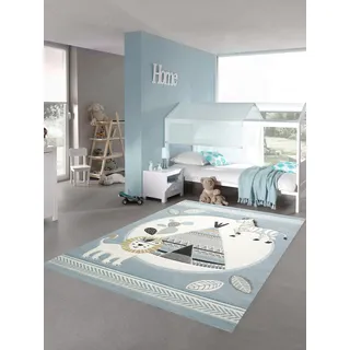 Teppich-Traum Kinderzimmer Teppich Spielteppich Indianer Zelt Löwe Zebra Kaktus blau Creme grau Größe 200 x 290 cm