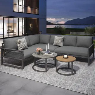 Flieks Gartenlounge-Set 5-tlg., Gartensofa mit 2 Gartentisch, Gartenmöbelset Loungegartenmöbel Balkonmöbel für 6 Personen, Balkonmöbel aus Seil, Grau - Grau