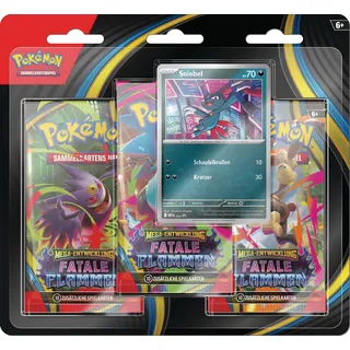 Pokémon 3er-Pack Mega-Entwicklung – Fatale Flammen: Sniebel (1 holografische Promokarte & 3 Boosterpacks)