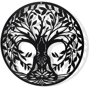 NBEADS Baum Des Lebens Und Yoga Metall Wanddeko, Schwarzer Wandbehang Moderne Wanddekoration Silhouette Wandkunst Metallbilder Für Zuhause Schlafzimmer Flur Wohnzimmer Büro Hotel Dekor, 30x30 cm