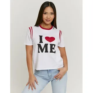 T-Shirt TALLY WEIJL "STSCOORCUN2", Damen, Gr. M, weiß, Jersey, Obermaterial: 100% Baumwolle, bedruckt, figurbetont normal, Rundhals, Shirts T-Shirt, Baumwolle, Statement-Shirt mit Rundhals-Ausschnitt und Druck