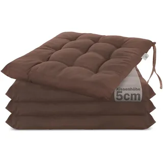 Brandsseller 4er SetStuhlkissen 40x40x5 cm Sitzkissen Polster Stuhlauflage mit Haltebändern fDekokissen für Indoor Outdoor gesteppt - Braun