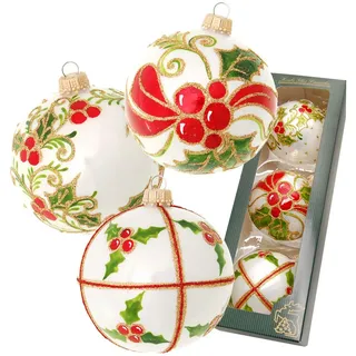 Krebs Glas Lauscha »Stechpalme, mundgeblasen und handbemalt« Weihnachtsdeko, Christbaumschmuck, Christbaumkugeln aus Glas, 8x8x8 cm, Dekoration, Weihnachtsdekoration, Weihnachtsbaumschmuck, Weihnachtskugeln Ilex 3-tlg. Ø:8cm,