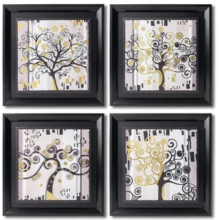 DEKOARTE - Wandbilder Wohnzimmer LEBENSBAUM SCHWARZGOLD 30x30cm x 4teilig - Bilder Set mit Rahmen Schwarz