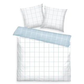 TOM TAILOR Renforcé-Bettwäsche, 2*80x80 cm + 200x220 cm, 100% Baumwolle/ Renforcé, mit Wendemotiv und farbigem Markenreißverschluss, LARGE CHECK Weiß, Hellblau (Crisp White & Sky Blue)
