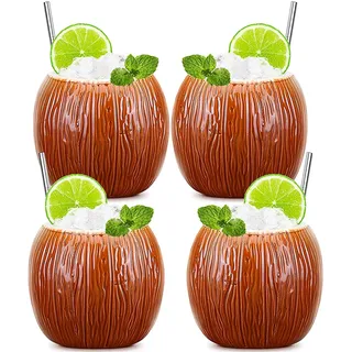 Set von 4 Tiki-Tassen Coco aus Keramik, tropische Cocktail-Gläser, Satz von Tiki-Tassen für exotische Getränke und hawaiianische Cocktails, Design Kokosnüsse, festliche und sommerliche Atmosphäre