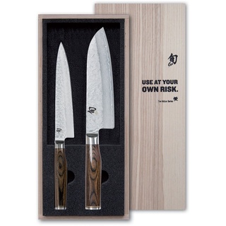 KAI Shun Premier Tim Mälzer japanisches Küchenmesser 2er Set - Santoku 18 cm Klingenlänge + Allzweckmesser 16,5 cm Klingenlänge - Damastmesser 32 Lagen VG MAX Kern - 61 (±1) HRC - Pakkaholzgriff