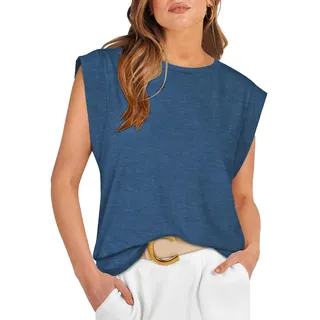 DUOEASE Longshirt Damen Kurzarm Oberteile Rundhals Tops Sommermode Shirts Locker Flügelärmel Basic T-shirts Dunkelblau XL