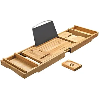 Songmics Badewannenablage mit Getränkehalter Verstellbar 109 cm Naturfarben