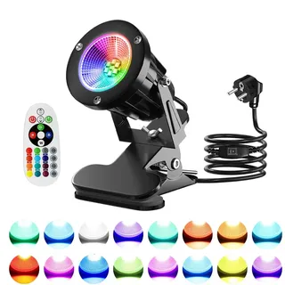 Jonuin LED Spot Klemmstrahler mit Fernbedienung, 6W COB LED Klemmlampe Strahler, 3M Kabel, IP65 Wasserdicht, Spotlight für Innen & Außen, Pflanzen, Terrasse, Rasen, 15 RGB-Lichter + Warmweiß