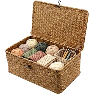 Aufbewahrungskorb groß aus geflochtenem Rattan – Seegras Korb mit Deckel, handgeflochten, mit stabilem Drahtgestell, Wäschekörbe, Körbe & Aufbewahrungsbox Badezimmer, Schlafzimmer, Wohnzimmer(L)