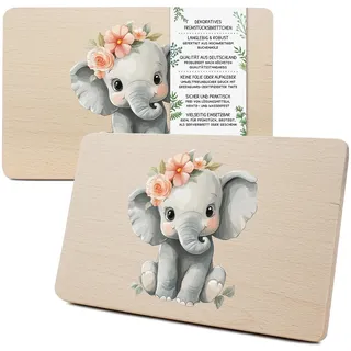 Yabaduu Individuelles Holzbrett für Kinder 23,5x15cm Frühstücksbrettchen Brotzeitbrett personalisiert aus Holz Tier-Motiv als Geschenk Geburtstag Kind RV007 (06 Elefant, Ohne Wunschname)