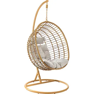 Kobolo Hängekorb"BOHO" mit Gestell und Schwingkorb - Polyrattan braun - Hängestuhl Gartenschaukel Relaxkissen Gartensessel Hängeschaukel Hängesessel - Braun