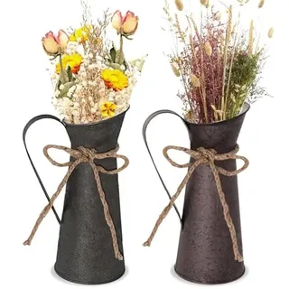 WANDGU 2 Stück Vintage Deko Metall Blumenvase Set: Französisch Landhausstil Primitive Krug, Shabby Chic Vintage Vase, Einzigartige Blumenvasen für Deko Wohnzimmer Hochzeitsdeko Party Home