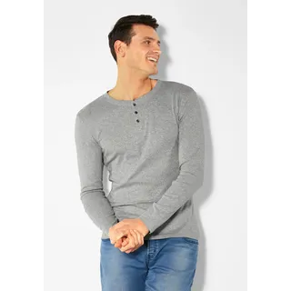 Langarmshirt H.I.S, Herren, Gr. M, grau (grau, meliert), Feinripp, Obermaterial: 100% Baumwolle, meliert, Basic, körpernah lang, Rundhals, abgesteppte Kante, Shirts Langarmshirt, mit aufwendiger Knopfleiste