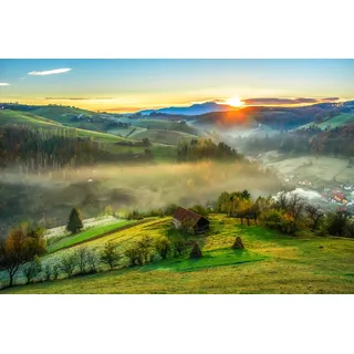 Papermoon »PANORAMA-LANDSCHAFT DORF WIESE NEBEL GEBIRGE SONNE WALD«, bunt,