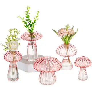 Glasseam Pilz Kleine Vasen für Deko: Süß Glas Vase Geschenk für Mama Freunde Pflanze Liebhaber - Mini Rosa Blumenvase Klein Propagation Station für Home Wohnzimmer Esstisch Fensterbank