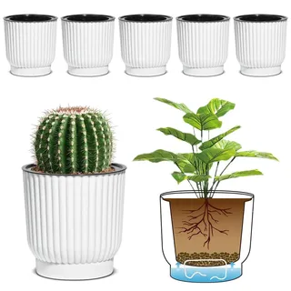T4U 10cm Selbstbewässerung Blumentopf mit Docht Blumentöpfe Kunststoff, für Basilikum, Hydrokultur Topf, Mini Blumentopf Innen Weiß 6er-Set