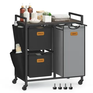 VASAGLE Wäschekorb 3 Fächer,100 L,Wäschewagen mit Ablage,Rollen,6 Etiketten | Wäschesammler/-sortierer/-sack,kleine seitliche Taschen, kastanienbraun-tintenschwarz-taubengrau, STEVIE Kollektion BLH202B01