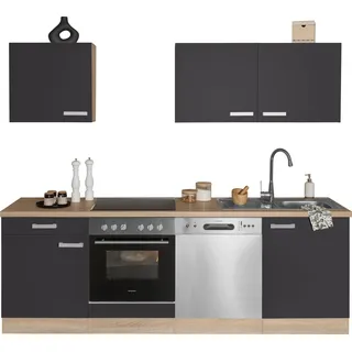 Küchenzeile OPTIFIT "Leer Breite 240 cm", grau (küche: grau, front: anthrazit, korpus: eiche hell, arbeitsplatte: eiche hell), B:240cm T:60cm, Komplettküchen-Sets, Küchenzeile, mit Hanseatic E-Geräten, inkl. Geschirrspüler