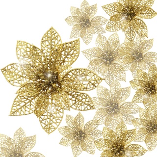 Boao 24 Stück Glitter Poinsettia Weihnachtsbaum Ornament Weihnachten Blumen Dekor Ornament (Gold)