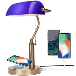 FIRVRE Blau Glas Banker Tischlampen LED klassische Retro Schreibtischlampe mit kabellosem Ladegerät USB Nachttischlampe mit ladefunktion antikes Metall Messing Zugkettenschalter
